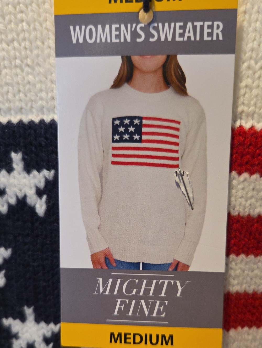 Mighty Fine Women's Cream Sweater with Red & Blue Flag Graphic